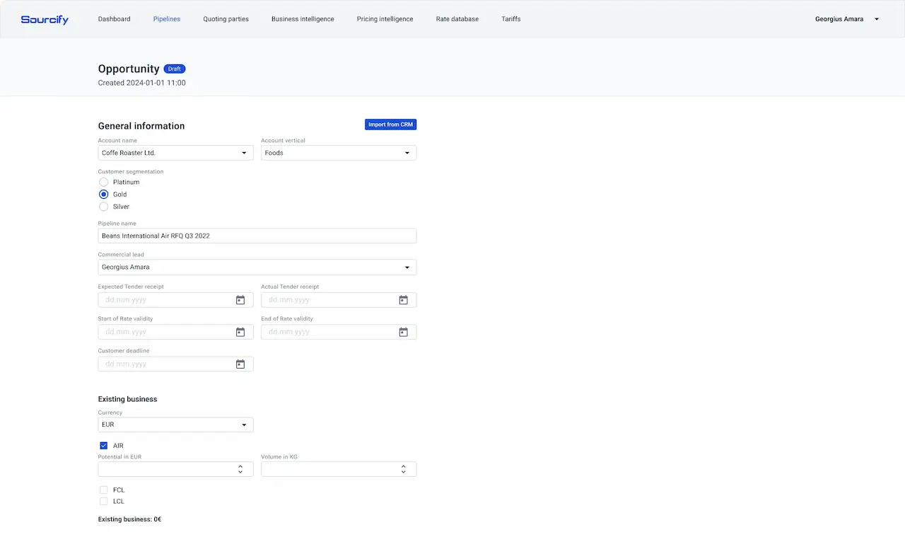 Screenshot of a new freight procurement pricing opportunity creation process.