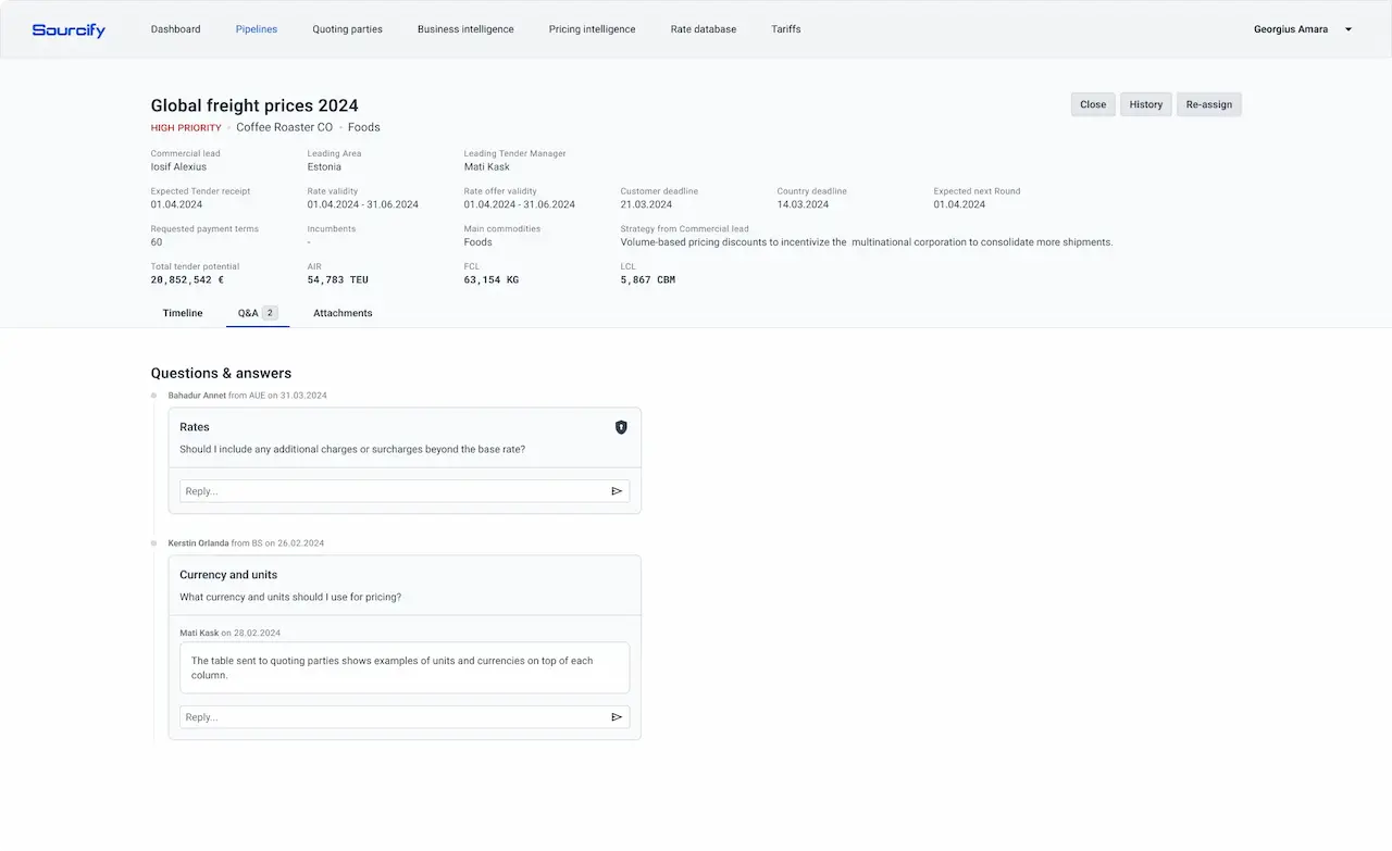 Screenshot of a freight procurement bid overview with the communication tab open.